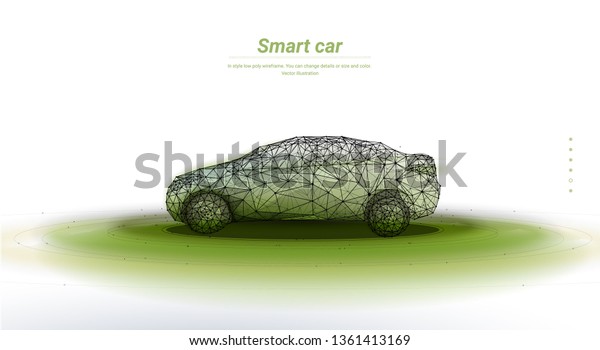 \
Electric machine.\
Autonomous car. Smart or intelligent car. Abstract green\
illustration isolated on white background. Low poly wireframe.\
Plexus lines and points in\
silhouette