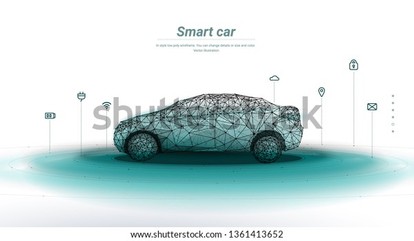 Electric machine. Autonomous car vehicle with\
infographic. Smart or intelligent car. Abstract illustration\
isolated on white background. Low poly wireframe. Plexus lines and\
points in silhouette