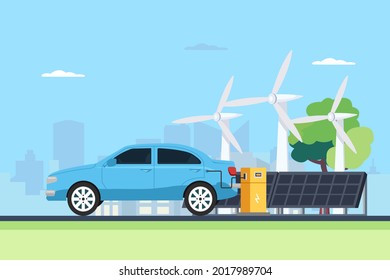
The electric machine is charged from the charging station. Solar panels and wind generators. Eco green energy. Flat vector template Style Suitable for Web Landing Page.