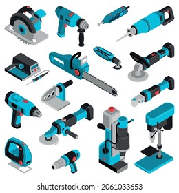 Electric machine and tools isometric set jigsaw, saber saw angle grinder drilling machine isolated vector illustration