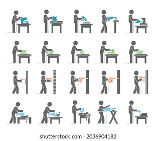 Electric machine tools  used in production in various types of industry.  Pictograms representing people doing jobs with power electric hand tools.