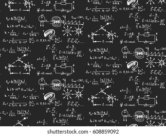 Electric magnetic law theory and physics mathematical formula equation. Physical equations on blackboard. Education and scientific  background. Vector hand-drawn vintage seamless pattern.