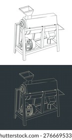 Electric maize threshing machine technical drawing, blueprint style: stylized vector illustrations