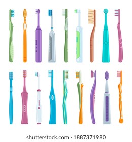 Electric and manual toothbrush set for oral hygiene. Cartoon dental brush product with nylon bristle, plastic handle for teeth health care instrument vector illustration isolated on white background