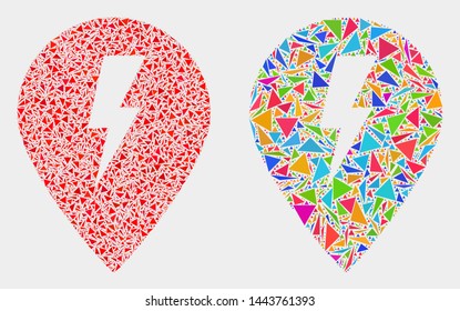 Electric map marker mosaic icon of triangle items which have different sizes and shapes and colors. Geometric abstract vector design concept of electric map marker.