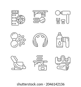 Electric massagers linear icons set. Acupressure pad. Vibrating devices for neck and back stimulation. Customizable thin line contour symbols. Isolated vector outline illustrations. Editable stroke