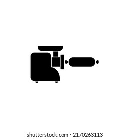 Electric meat grinder icon with big sausage. Black silhouette. Isolated vector illustration on white background.