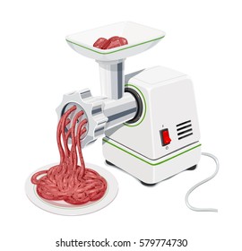 Electric Meat grinder with mincemeat . Kitchen equipment for grind stuffing. Mincer for cooking meal. Pofessional cook instrument for comfort working. Vector illustration, isolated white background