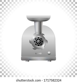 Electric meat grinder on transparent background. Front view of silver mincing machine. Kitchen utensil and electrical household appliance. Element for interior designs. Vector illustration. 