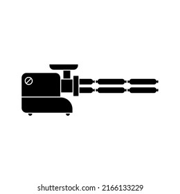 Electric meat grinder with sausage. Black silhouette. Isolated vector illustration on white background.
