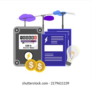 Electric meter with bills and power lines