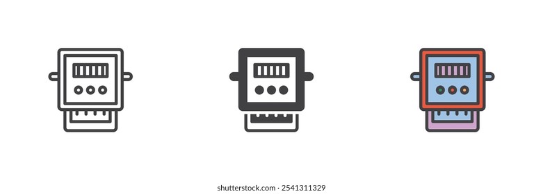 Medidor eléctrico de diferentes estilos de iconos. Línea, glifo y contorno relleno versión colorida, contorno y signo de Vector relleno. Símbolo del indicador de voltaje de electricidad, ilustración del logotipo. Gráficos de Vector