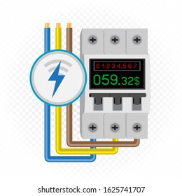 Electric meter icon with counter on breaker and debt amount. White transparent background around