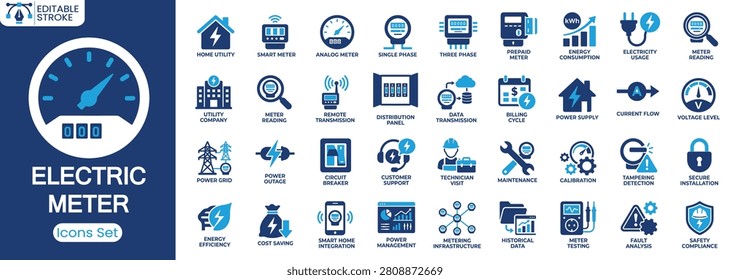 Electric Meter icon set. Containing smart meter, analog meter, circuit breaker, power grid, energy consumption, meter reading and more. Solid vector icons collection