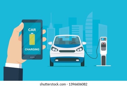 Electric micro car is charging, side view. Hand holding smartphone with battery on the screen. Vector flat style illustration