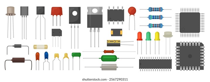 Electric micro elements. Transistors resistor and semiconductors equipment for electric hardware recent vector flat pictures set