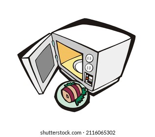 Electric microwave oven with the door open and a plate with food. Kitchen object. Cartoon style vector illustration isolated on white background.