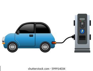 Electric Mini Car In A Charging Station. Vector Illustration
