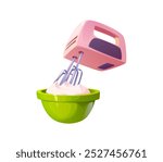 Electric mixer with cream in bowl for food cooking process, cartoon vector icon. Mixer baking kitchenware or bakery household appliance for cooking process of dough preparation or pastry cream mixing