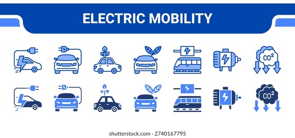Electric Mobility Icon Collection, featuring Electric vehicle, Electric car, Green mobility, Sustainable mobility, Electric transport, Drive, Zero emission.