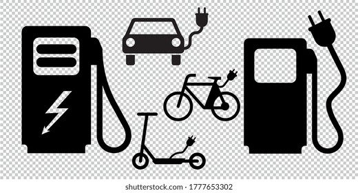 Electric mobility icon set. Electric car, automobile cable contour and plug charging, Scooter, bike pictogram icons on checked transparent background. Vector illustration. Eps 10 vector file.