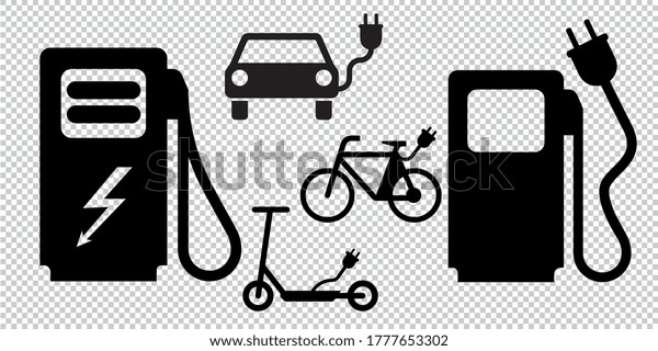 Electric mobility icon set. Electric car,\
automobile cable contour and plug charging, Scooter, bike pictogram\
icons on checked transparent background. Vector illustration. Eps\
10 vector file.