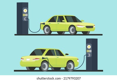 Electric modern car, side view. Green electric car at charging station. Electric car clean energy environment friendly. Vector illustration Eps10