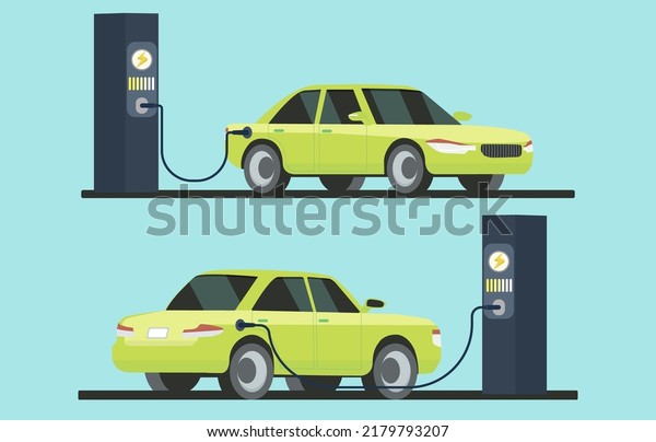 Electric modern car, side view. Green electric car\
at charging station. Electric car clean energy environment\
friendly. Vector illustration\
Eps10