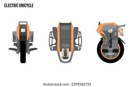 Monociclo eléctrico Ilustración de diseño plano, Vehículos públicos , vista superior, vista lateral, vista frontal, aislado por fondo blanco