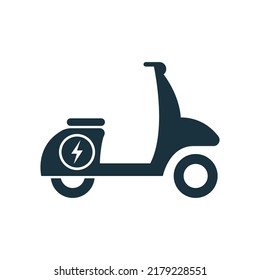 Electric Moped Silhouette Icon. EV Motorcycle Pictogram. Electrical Motorbike Icon. Electric Vehicle with Lightning Sign. Alternative Ecology Delivery Transportation. Isolated Vector Illustration.