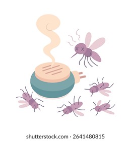 An electric mosquito repellent device emitting vapor, surrounded by dead mosquitoes. Effective pest control using plug-in insecticide solutions during mosquito season. Vector illustration on white.