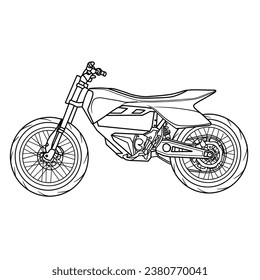 Concepto motocross eléctrico. Esbozo de motocicleta eléctrica dibujado a mano, adecuado para su motocicleta eléctrica personalizada, ilustración de contorno vectorial, vista lateral aislado con fondo blanco