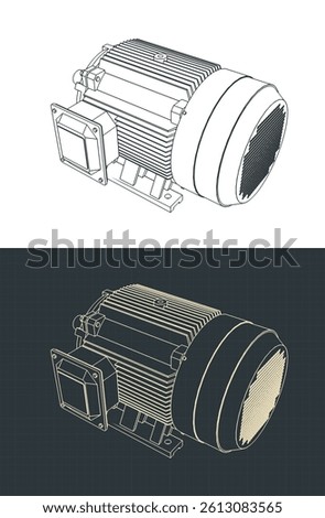 Electric motor blueprints stylized vector illustrations