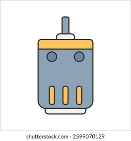 Electric Motor Flat design style, gray motor with yellow details, illustrating power sources for RC vehicles, perfect for engineering, automotive, and technology-related designs.