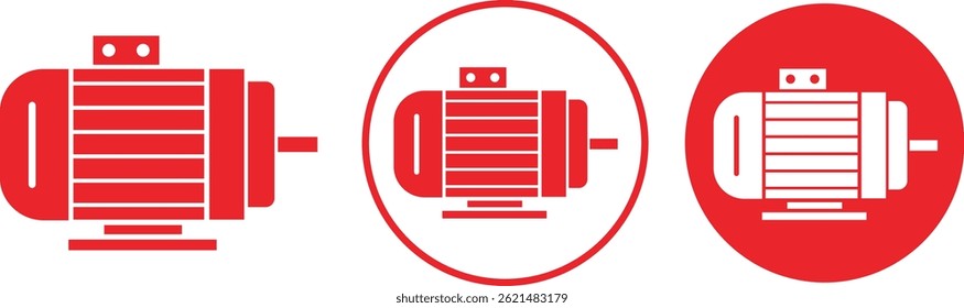 Electric motor icons set in trendy red flat styles. Ev car engine sign. Industrial dc electromotor vectors symbols suitable for mobile app, website and ui designs isolated on transparent background.