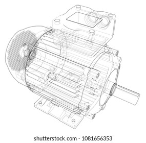 Electric motor outline. Vector rendering of 3d. Wire-frame style. The layers of visible and invisible lines are separated