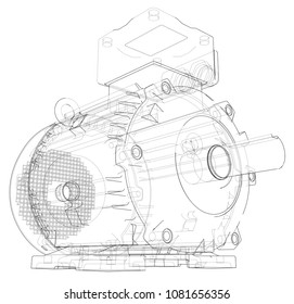 Electric motor outline. Vector rendering of 3d. Wire-frame style. The layers of visible and invisible lines are separated