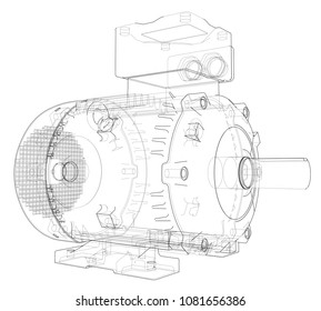 Electric motor outline. Vector rendering of 3d. Wire-frame style. The layers of visible and invisible lines are separated