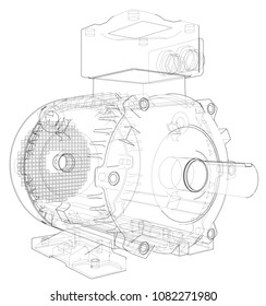 Electric motor outline. Vector rendering of 3d. Wire-frame style. The layers of visible and invisible lines are separated