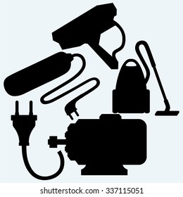 Electric motor, power surge, vacuum cleaner and outdoor surveillance camera. Isolated on blue background. Vector silhouettes