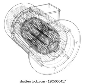 Electric motor sketch. Vector rendering of 3d. Wire-frame style. The layers of visible and invisible lines are separated