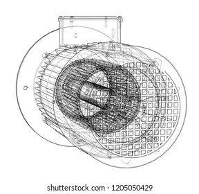 Electric motor sketch. Vector rendering of 3d. Wire-frame style. The layers of visible and invisible lines are separated