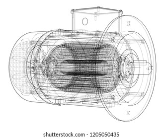 Electric motor sketch. Vector rendering of 3d. Wire-frame style. The layers of visible and invisible lines are separated