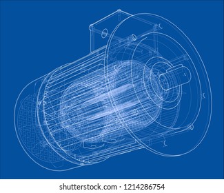 Electric motor sketch. Vector rendering of 3d. Wire-frame style. The layers of visible and invisible lines are separated