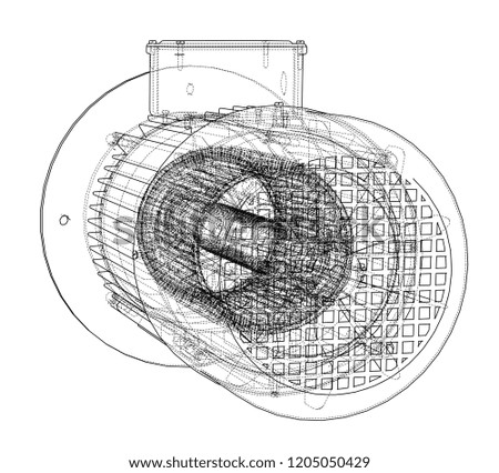 Vector Electric motor sketch. Vector rendering of 3d. Wire-frame style. The layers of visible and invisible lines are separated