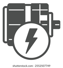 Icono sólido del motor eléctrico, concepto eficaz de la energía. Gráficos de Vector. Motor del poder con el signo del relámpago en el fondo blanco, icono del estilo del glifo para el móvil o Diseño web