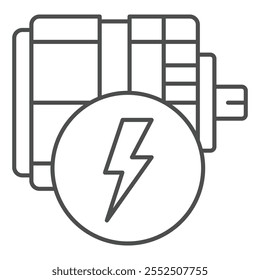 Ícone de linha fina do motor elétrico, conceito de energia eficaz. Gráficos vetoriais. Motor de potência com sinal de relâmpago no fundo branco, ícone de estilo de contorno para design móvel ou web