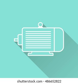 Electric motor vector icon with long shadow. White illustration isolated on green background for graphic and web design.