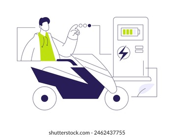 Electric motorcycle abstract concept vector illustration. Man charging his electric motorcycle, ecology care, sustainable urban transportation, personal transport maintenance abstract metaphor.