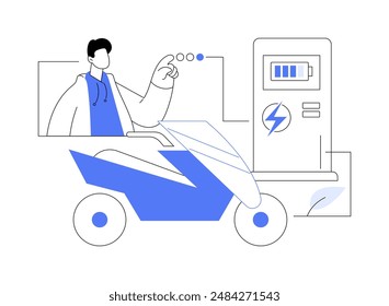 Electric motorcycle abstract concept vector illustration. Man charging his electric motorcycle, ecology care, sustainable urban transportation, personal transport maintenance abstract metaphor.